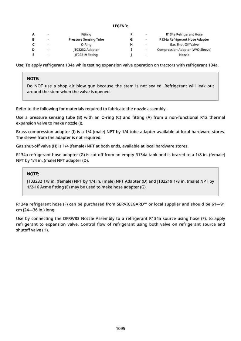 Puede incluir: Diagrama con una leyenda que detalla las piezas para el refrigerante 134a, incluyendo conexiones, mangueras y adaptadores. Se proporcionan instrucciones para aplicar el refrigerante mientras se prueban las v&aacute;lvulas de expansi&oacute;n en tractores.