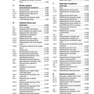 May include: A contents page from a Weidemann service manual, detailing sections on brake systems, vehicle frames, and electrical systems. Includes component listings for maintenance and repair.
