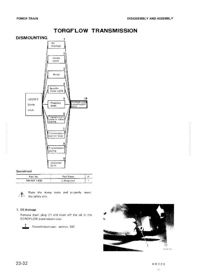 Puede incluir: Diagrama t&eacute;cnico que ilustra el desmontaje y montaje de una transmisi&oacute;n Torqflow. La imagen muestra varios componentes con etiquetas, incluyendo el drenaje de aceite, la cubierta inferior y el eje de la h&eacute;lice. Tambi&eacute;n se enumera un n&uacute;mero de pieza de herramienta especial y una herramienta de elevaci&oacute;n.