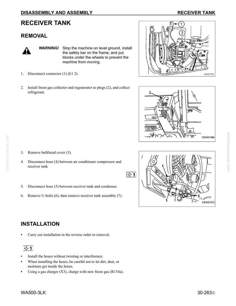 May include: Diagram from a manual detailing the disassembly and assembly of a receiver tank. The image includes labeled diagrams of components, along with numbered steps for removal and installation. Text includes warnings and instructions.