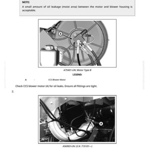 May include: Diagram of a blower motor and hydraulic oil cooler with labels and instructions. The text reads "Inspect Central Commodity System Blower Motor". Includes notes about oil leakage and fitting tightness.