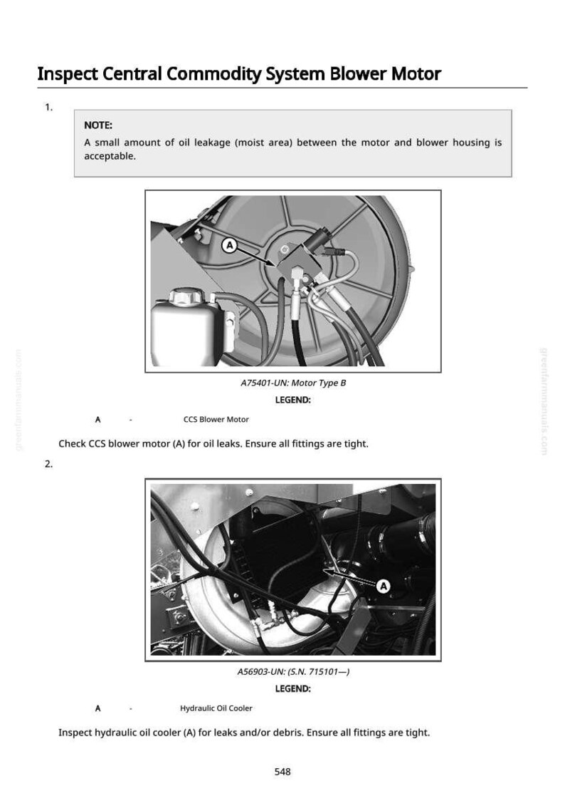 May include: Diagram of a blower motor and hydraulic oil cooler with labels and instructions. The text reads "Inspect Central Commodity System Blower Motor". Includes notes about oil leakage and fitting tightness.