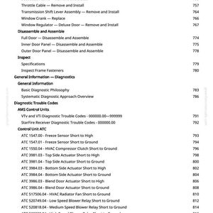 May include: A manual page detailing automotive repair procedures and diagnostic trouble codes. The text includes entries such as "Rear Sliding Window - Remove and Install" and "ATC 1547.00 - Freeze Sensor Short to High."