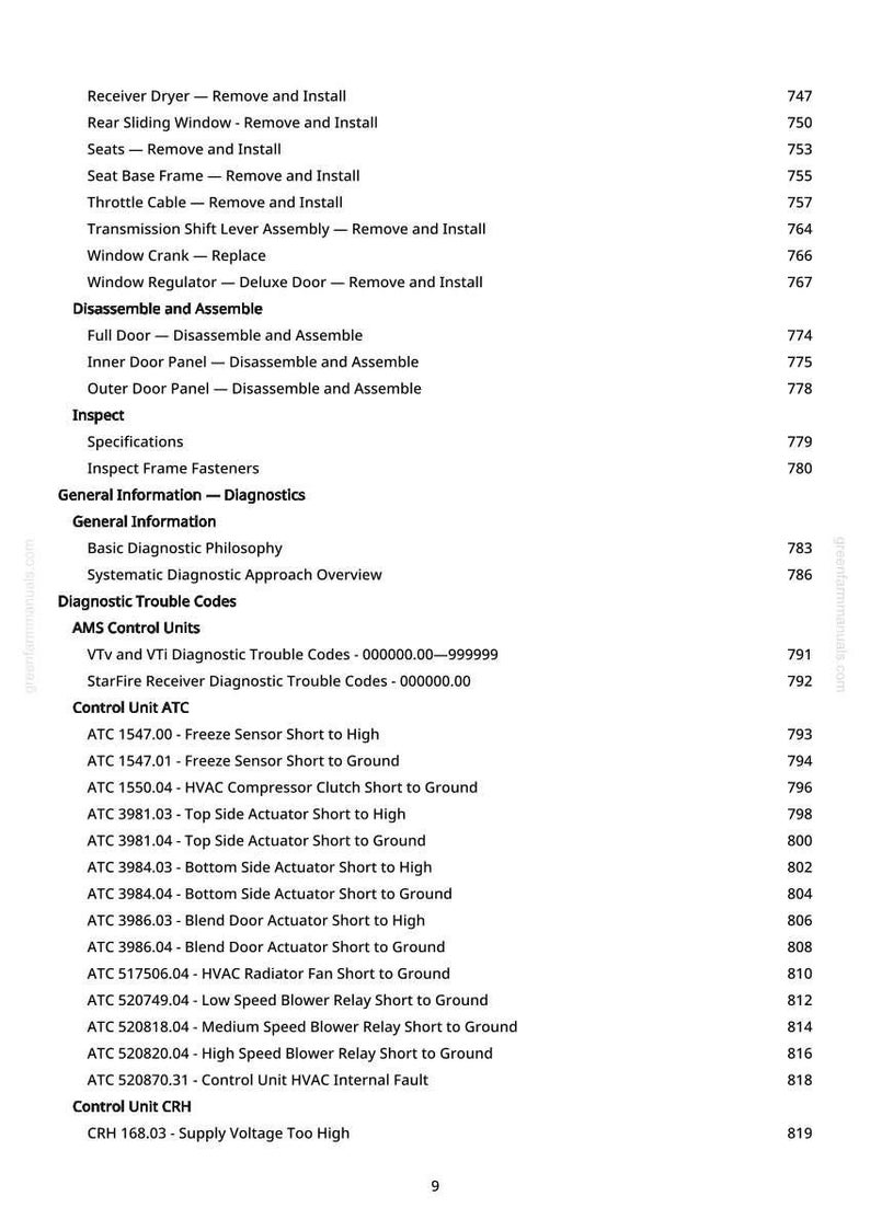 May include: A manual page detailing automotive repair procedures and diagnostic trouble codes. The text includes entries such as "Rear Sliding Window - Remove and Install" and "ATC 1547.00 - Freeze Sensor Short to High."