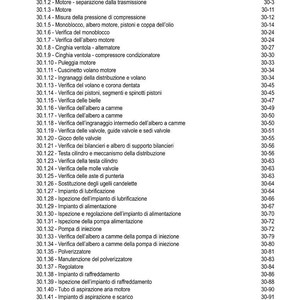 May include: A page from a manual with the title "30 - MODALIT&Agrave; INTERVENTO" and an index of engine-related topics. The text is in Italian, with sections on engine components, maintenance, and inspection procedures.