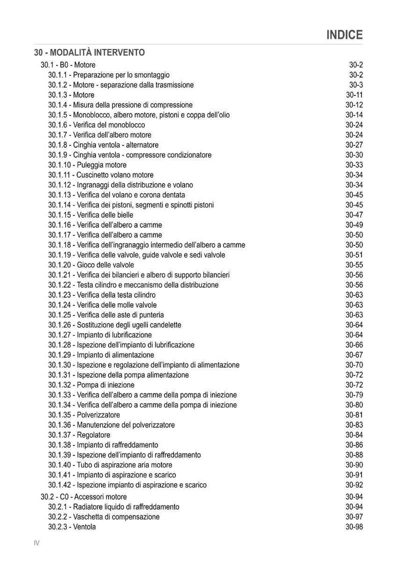 May include: A page from a manual with the title "30 - MODALIT&Agrave; INTERVENTO" and an index of engine-related topics. The text is in Italian, with sections on engine components, maintenance, and inspection procedures.