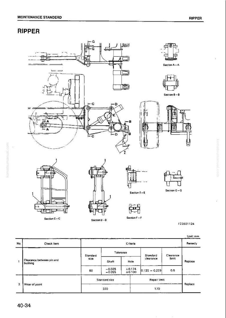 K&ouml;nnte beinhalten: Technische Zeichnung eines Rei&szlig;ers mit detaillierten mechanischen Zeichnungen und Spezifikationen. Enth&auml;lt verschiedene Schnittansichten mit den Bezeichnungen A-A, B-B, C-C, D-D, E-E, F-F und G-G. Die Zeichnung enth&auml;lt auch eine Tabelle mit Messungen in Millimetern.