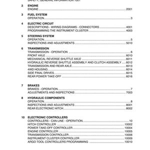 May include: A page from a manual titled "TABLE OF CONTENTS". The document lists various sections including Engine, Fuel System, Electric Circuit, Steering System, Transmission, Brakes, Hydraulic Components, and Electronic Controllers. The edition is dated 07-2013.