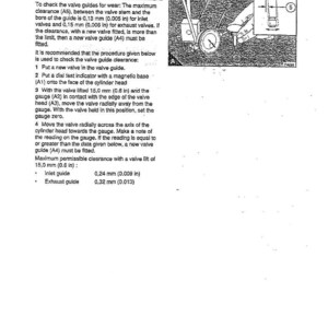 May include: A technical diagram from a manual on the 12 Cylinder Head Assembly, focusing on valve guides. The text explains how to inspect valve guide wear, with measurements in both inches and millimetres. An illustration demonstrates the inspection procedure.