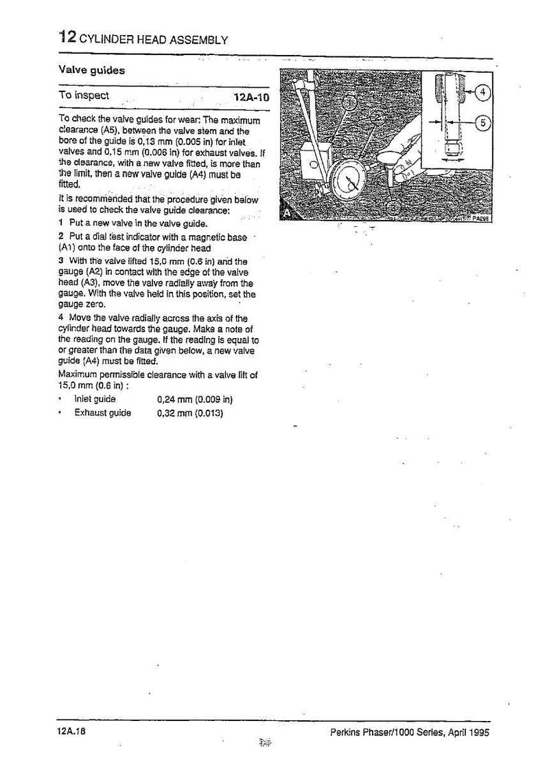 May include: A technical diagram from a manual on the 12 Cylinder Head Assembly, focusing on valve guides. The text explains how to inspect valve guide wear, with measurements in both inches and millimetres. An illustration demonstrates the inspection procedure.