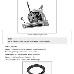 May include: Diagram illustrating the process of separating a shaft case, with detailed instructions and a toothed crown component. The image includes a labeled diagram and a close-up of the toothed crown.