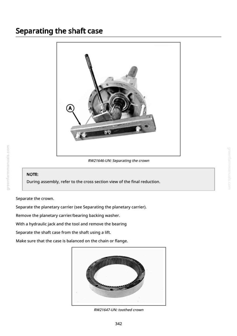 May include: Diagram illustrating the process of separating a shaft case, with detailed instructions and a toothed crown component. The image includes a labeled diagram and a close-up of the toothed crown.