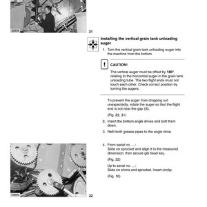 May include: Diagram from a CLAAS grain tank unloading manual. The image shows a detailed view of the auger installation process, including diagrams and instructions. The text includes safety warnings and step-by-step procedures.