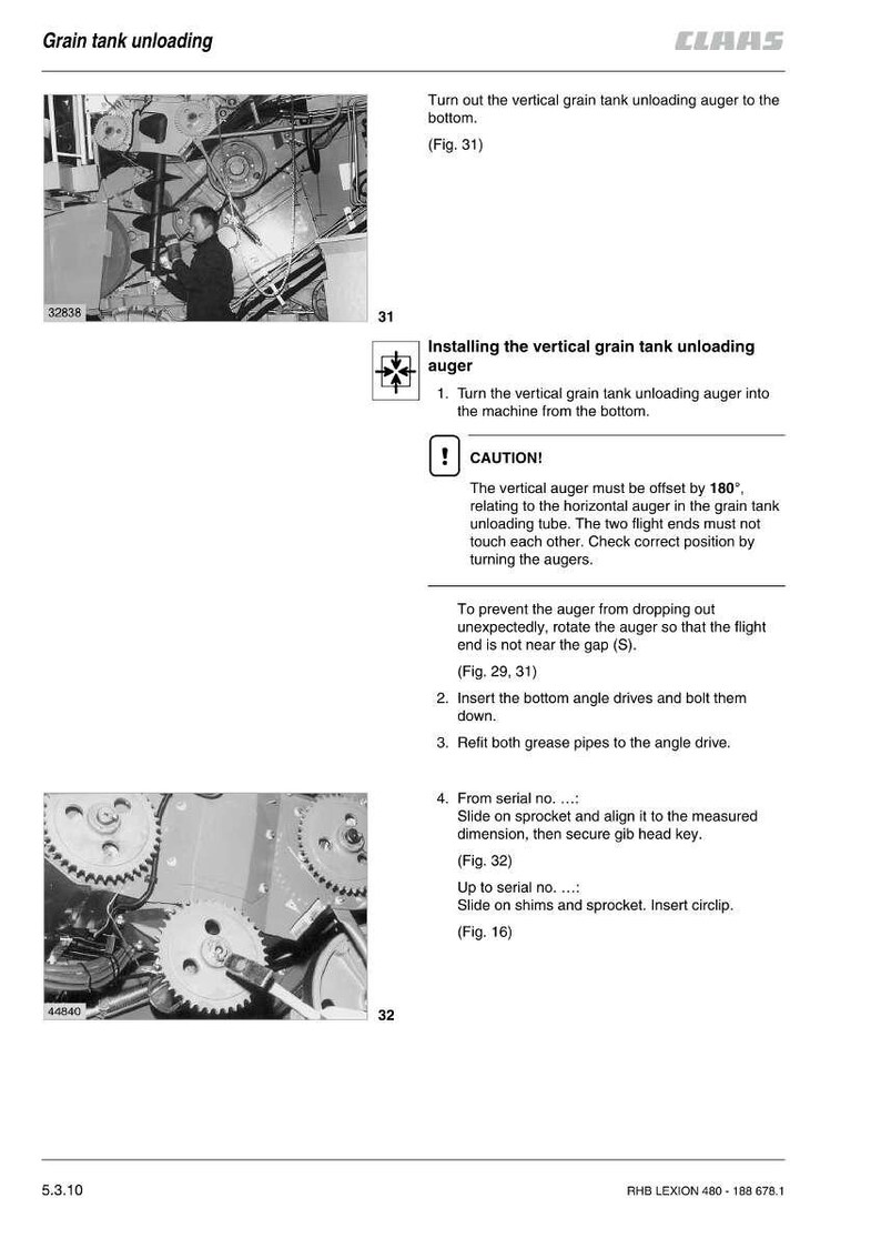 May include: Diagram from a CLAAS grain tank unloading manual. The image shows a detailed view of the auger installation process, including diagrams and instructions. The text includes safety warnings and step-by-step procedures.