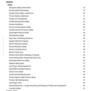 K&ouml;nnte beinhalten: Eine wei&szlig;e Seite mit dem Titel &bdquo;Inhaltsverzeichnis&ldquo; aus einem Handbuch. Die Tabelle listet Sicherheitsthemen wie &bdquo;Maschinenlauf verhindern&ldquo; und &bdquo;Fl&uuml;ssigkeiten sicher handhaben&ldquo; auf. Seitenzahlen sind rechts aufgef&uuml;hrt.