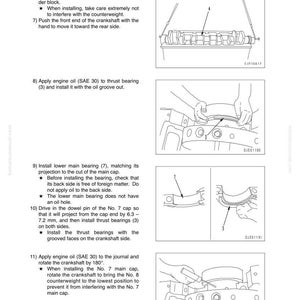 Peut inclure: Diagrammes et instructions pour le d&eacute;montage et l'assemblage du moteur. L'image montre des &eacute;tapes d&eacute;taill&eacute;es, notamment l'application d'huile moteur, l'installation des paliers et la rotation du vilebrequin. Le texte comprend "D&Eacute;MONTAGE ET ASSEMBLAGE" et "ASSEMBL&Eacute;E G&Eacute;N&Eacute;RALE".