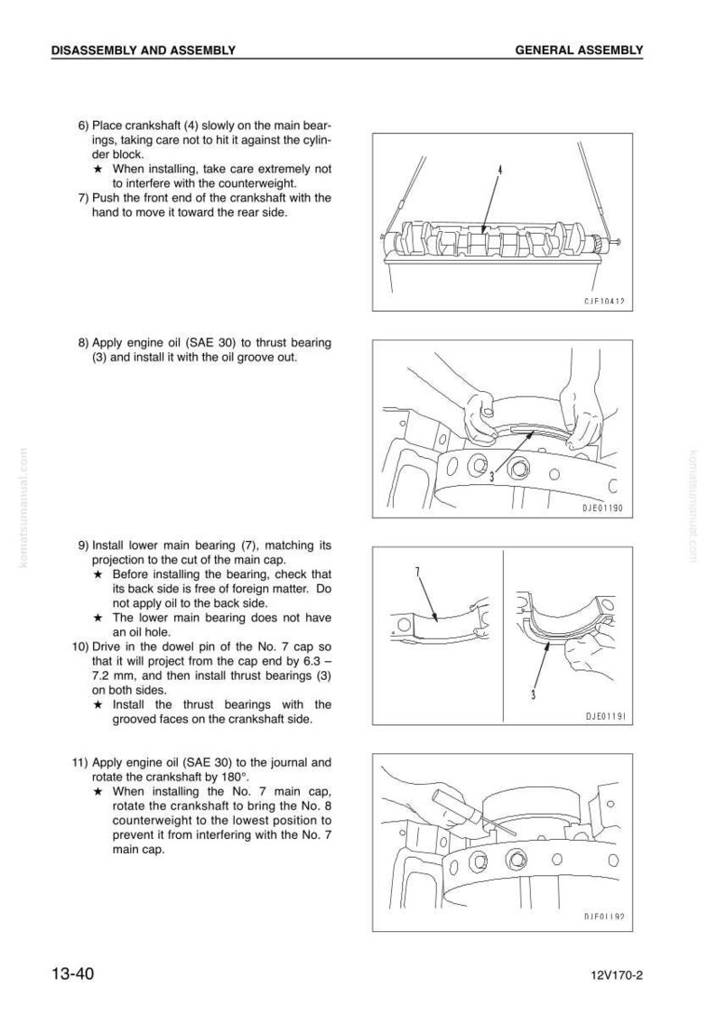 Peut inclure: Diagrammes et instructions pour le d&eacute;montage et l'assemblage du moteur. L'image montre des &eacute;tapes d&eacute;taill&eacute;es, notamment l'application d'huile moteur, l'installation des paliers et la rotation du vilebrequin. Le texte comprend "D&Eacute;MONTAGE ET ASSEMBLAGE" et "ASSEMBL&Eacute;E G&Eacute;N&Eacute;RALE".