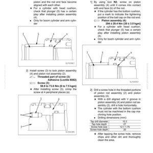 May include: Diagram of a hydraulic system assembly, detailing the disassembly and assembly of work equipment cylinder components. Includes screw installation instructions, torque specifications, and drilling dimensions in millimeters and inches.