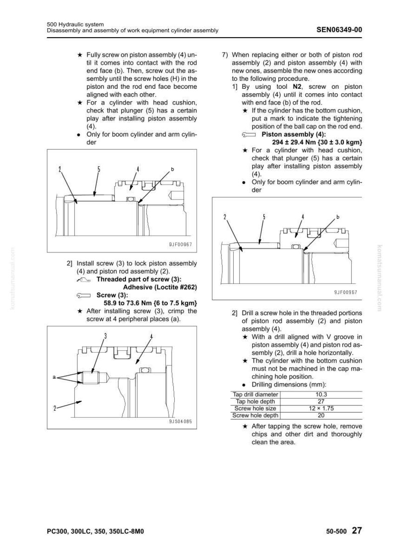 May include: Diagram of a hydraulic system assembly, detailing the disassembly and assembly of work equipment cylinder components. Includes screw installation instructions, torque specifications, and drilling dimensions in millimeters and inches.