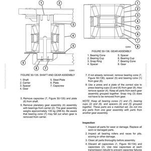 May include: Diagram of a gear assembly with labeled parts, including bearing cones, cups, and a snap ring. The image also shows a shaft and gear assembly with a steel plate and capscrew. Text provides disassembly instructions.