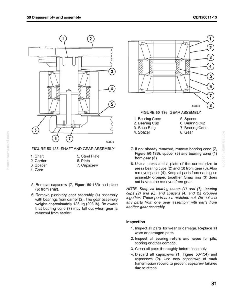 May include: Diagram of a gear assembly with labeled parts, including bearing cones, cups, and a snap ring. The image also shows a shaft and gear assembly with a steel plate and capscrew. Text provides disassembly instructions.