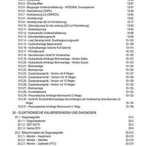 Pu&ograve; includere: Una pagina bianca con un sommario in tedesco. Il testo include termini tecnici relativi a sistemi idraulici, freni e calibrazioni elettroniche. I numeri di pagina sono a destra.