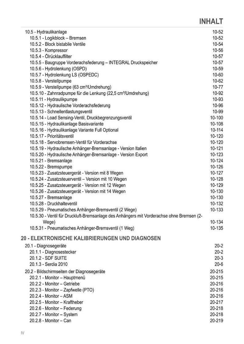 Pu&ograve; includere: Una pagina bianca con un sommario in tedesco. Il testo include termini tecnici relativi a sistemi idraulici, freni e calibrazioni elettroniche. I numeri di pagina sono a destra.