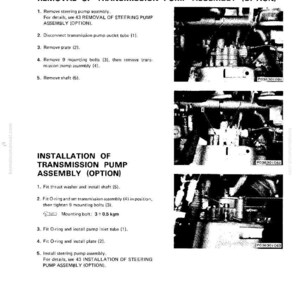 Puede incluir: Un diagrama t&eacute;cnico con instrucciones para la extracci&oacute;n e instalaci&oacute;n de un conjunto de bomba de transmisi&oacute;n. El texto incluye pasos para desconectar tubos, quitar pernos e instalar piezas. La imagen es en blanco y negro.