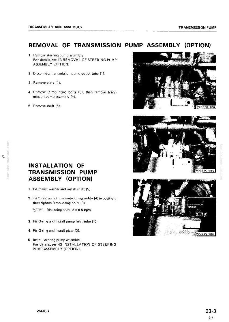 Puede incluir: Un diagrama t&eacute;cnico con instrucciones para la extracci&oacute;n e instalaci&oacute;n de un conjunto de bomba de transmisi&oacute;n. El texto incluye pasos para desconectar tubos, quitar pernos e instalar piezas. La imagen es en blanco y negro.