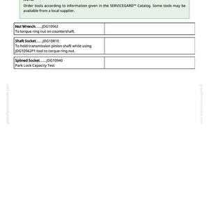 May include: A white document titled "Service Equipment and Tools" with a table listing tools like Nut Wrench, Shaft Socket, and Splined Socket. The document provides tool part numbers and their functions. The text "NOTE:" is at the top.