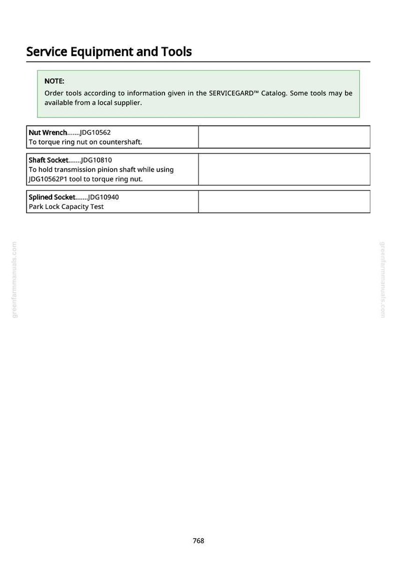 May include: A white document titled "Service Equipment and Tools" with a table listing tools like Nut Wrench, Shaft Socket, and Splined Socket. The document provides tool part numbers and their functions. The text "NOTE:" is at the top.