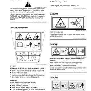 Peut inclure: Une page de consignes de s&eacute;curit&eacute; avec des symboles d'avertissement et des instructions. Les &eacute;tiquettes comprennent des symboles de danger, de lames rotatives et de pr&eacute;vention des blessures. Le texte explique la signification des symboles et fournit des consignes de s&eacute;curit&eacute;.