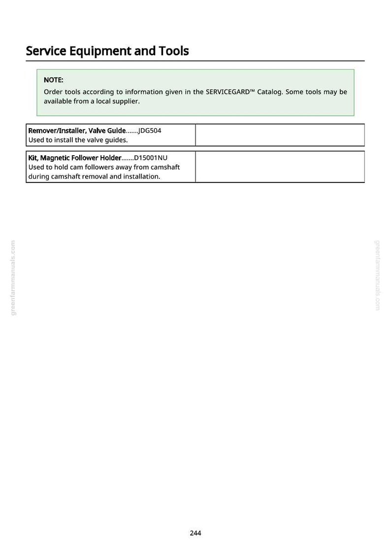 May include: A page from a service manual titled "Service Equipment and Tools." It includes a note about ordering tools and two entries: "Remover/Installer, Valve Guide" and "Kit, Magnetic Follower Holder," with their respective part numbers and descriptions.