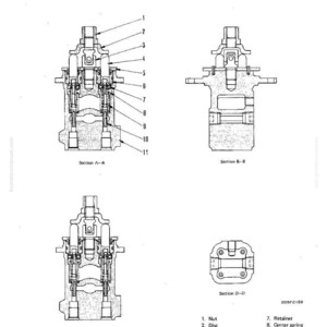 May include: Technical diagram of a work equipment control system, featuring cross-sectional views labeled A-A, B-B, C-C, and D-D. The diagram includes numbered components such as nuts, discs, joints, pistons, plates, collars, retainers, springs, valves, and the body.