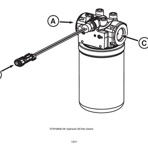 May include: Line drawing of a hydraulic oil filter switch. The switch has a cylindrical body with various ports and a long, thin probe extending from it. The image is labeled with letters A, B, and C, pointing to different parts of the switch.