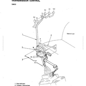 May include: A technical diagram illustrating a transmission control system, labelled "Transmission Control D40-3". The diagram shows a gear shift lever, forward-reverse lever, floor plate, and parking brake lever. The diagram is in black and white.