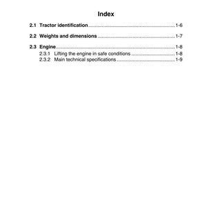May include: A white page with the title "Section 2: Tractor identification" and an index. The index includes sections on tractor identification, weights and dimensions, and engine specifications. The page numbers are listed on the right.
