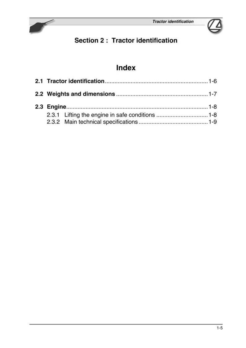 May include: A white page with the title "Section 2: Tractor identification" and an index. The index includes sections on tractor identification, weights and dimensions, and engine specifications. The page numbers are listed on the right.