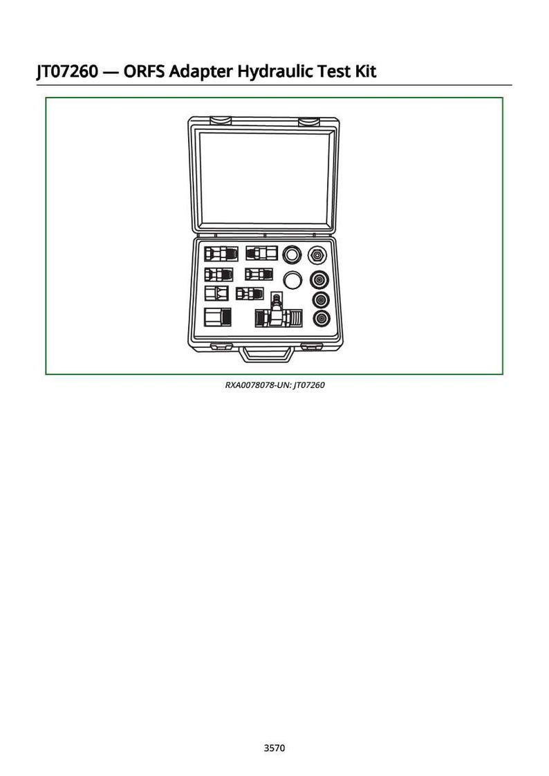 May include: A black and white line drawing of an open case containing various hydraulic test kit components. The case is labeled "JT07260 - ORFS Adapter Hydraulic Test Kit". The kit includes adapters, fittings, and circular components.