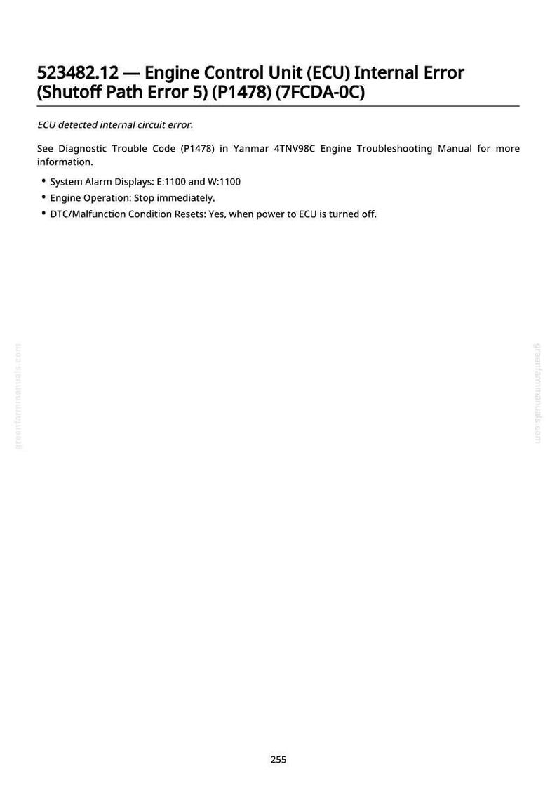Pu&ograve; includere: Una pagina bianca con testo nero che descrive un errore interno dell'Engine Control Unit (ECU). Il testo include codici di errore, visualizzazioni di allarme di sistema e istruzioni per il funzionamento del motore. La pagina include anche l'indirizzo del sito web greenfarmmanuals.com.