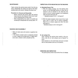 May include: A detailed technical diagram with text instructions for maintaining and inspecting an air system. The document includes steps for maintenance, washing, reassembly, and pressure tests, with standard pressure measurements in kg/cm&sup2;.
