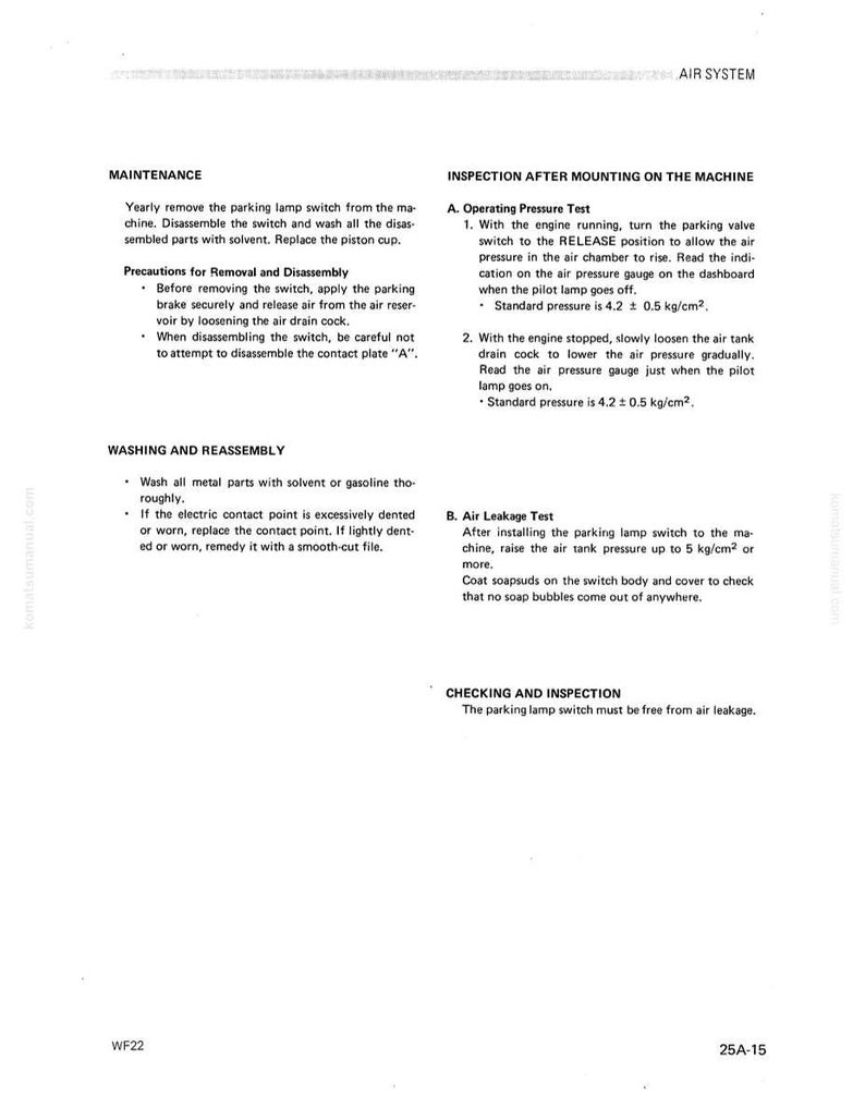 May include: A detailed technical diagram with text instructions for maintaining and inspecting an air system. The document includes steps for maintenance, washing, reassembly, and pressure tests, with standard pressure measurements in kg/cm&sup2;.