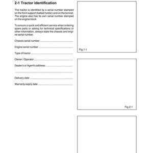K&ouml;nnte beinhalten: Eine Seite aus einem Traktoren-Handbuch mit dem Titel "Traktoridentifizierung & technische Spezifikationen". Der Text enth&auml;lt Abschnitte zu Seriennummern, Traktortyp und Besitzerinformationen. Das Dokument ist in Schwarzwei&szlig;.