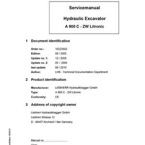 Pu&ograve; includere: Un manuale di servizio bianco per un escavatore idraulico A 900 C - ZW Litronic. Il documento include dettagli come il numero d'ordine, l'edizione e le informazioni del produttore di LIEBHERR Hydraulikbagger GmbH. Il documento &egrave; in inglese.