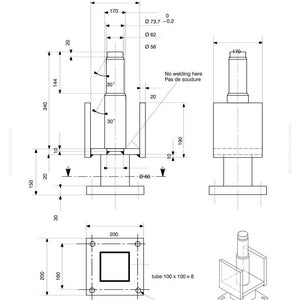 K&ouml;nnte beinhalten: Technische Zeichnung eines Komatsu 375 SX Montagetr&auml;gers, mit Abmessungen in Millimetern. Das Diagramm enth&auml;lt mehrere Ansichten des Tr&auml;gers, die seine Struktur und Ma&szlig;e detailliert darstellen, einschlie&szlig;lich eines Rohrs 100 x 100 x 8.