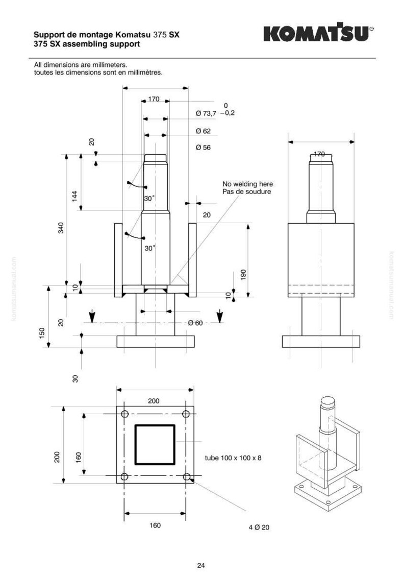 K&ouml;nnte beinhalten: Technische Zeichnung eines Komatsu 375 SX Montagetr&auml;gers, mit Abmessungen in Millimetern. Das Diagramm enth&auml;lt mehrere Ansichten des Tr&auml;gers, die seine Struktur und Ma&szlig;e detailliert darstellen, einschlie&szlig;lich eines Rohrs 100 x 100 x 8.