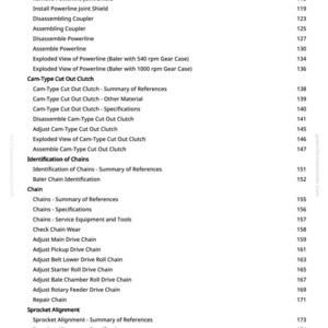 Op de afbeelding: Een witte pagina uit een handleiding met een lijst van technische specificaties en procedures, waaronder "Walterscheid Powerline", "Cam-Type Cut Out Clutch" en "Sprocket Alignment". Het paginanummer is 4.