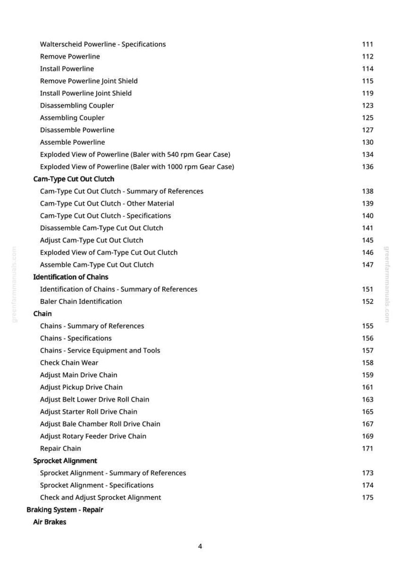 Op de afbeelding: Een witte pagina uit een handleiding met een lijst van technische specificaties en procedures, waaronder "Walterscheid Powerline", "Cam-Type Cut Out Clutch" en "Sprocket Alignment". Het paginanummer is 4.