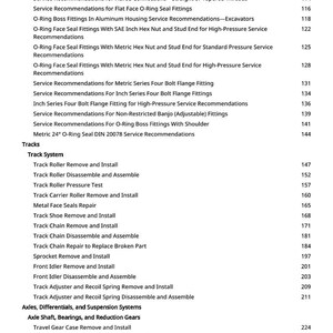 May include: A white printed page with a table of contents for a technical manual. The table lists service recommendations for various fittings, tracks, and hydraulic systems, including removal, installation, and repair procedures.