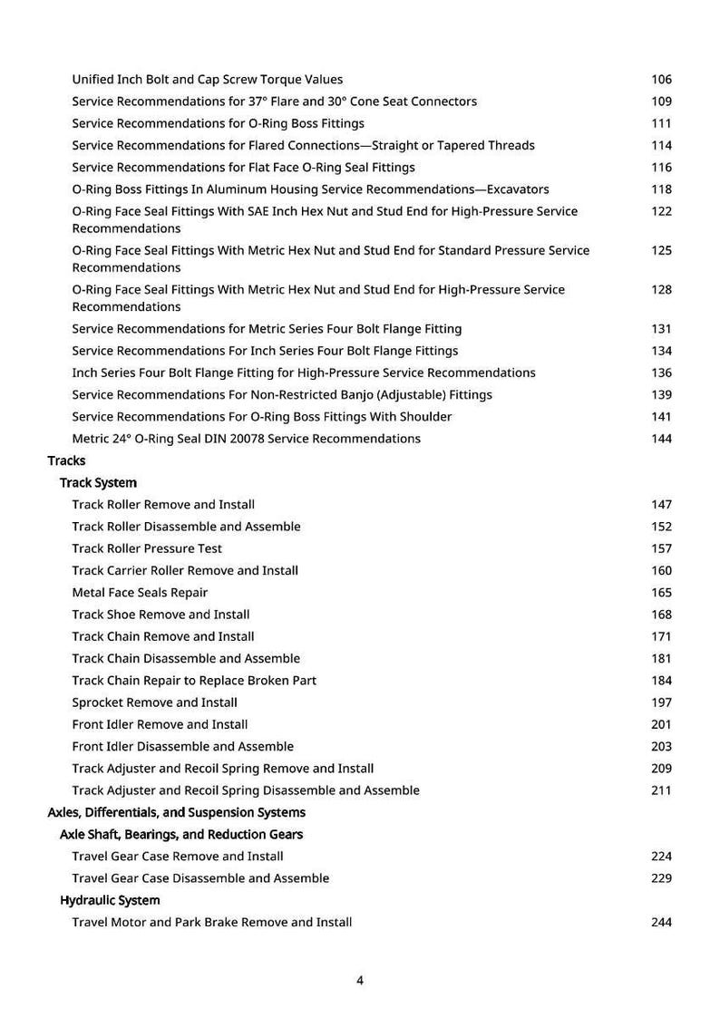 May include: A white printed page with a table of contents for a technical manual. The table lists service recommendations for various fittings, tracks, and hydraulic systems, including removal, installation, and repair procedures.